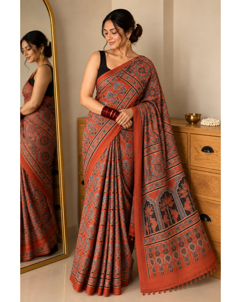 Rust Red Pure Modal Gajji Silk Ajrak Handblock Print Saree