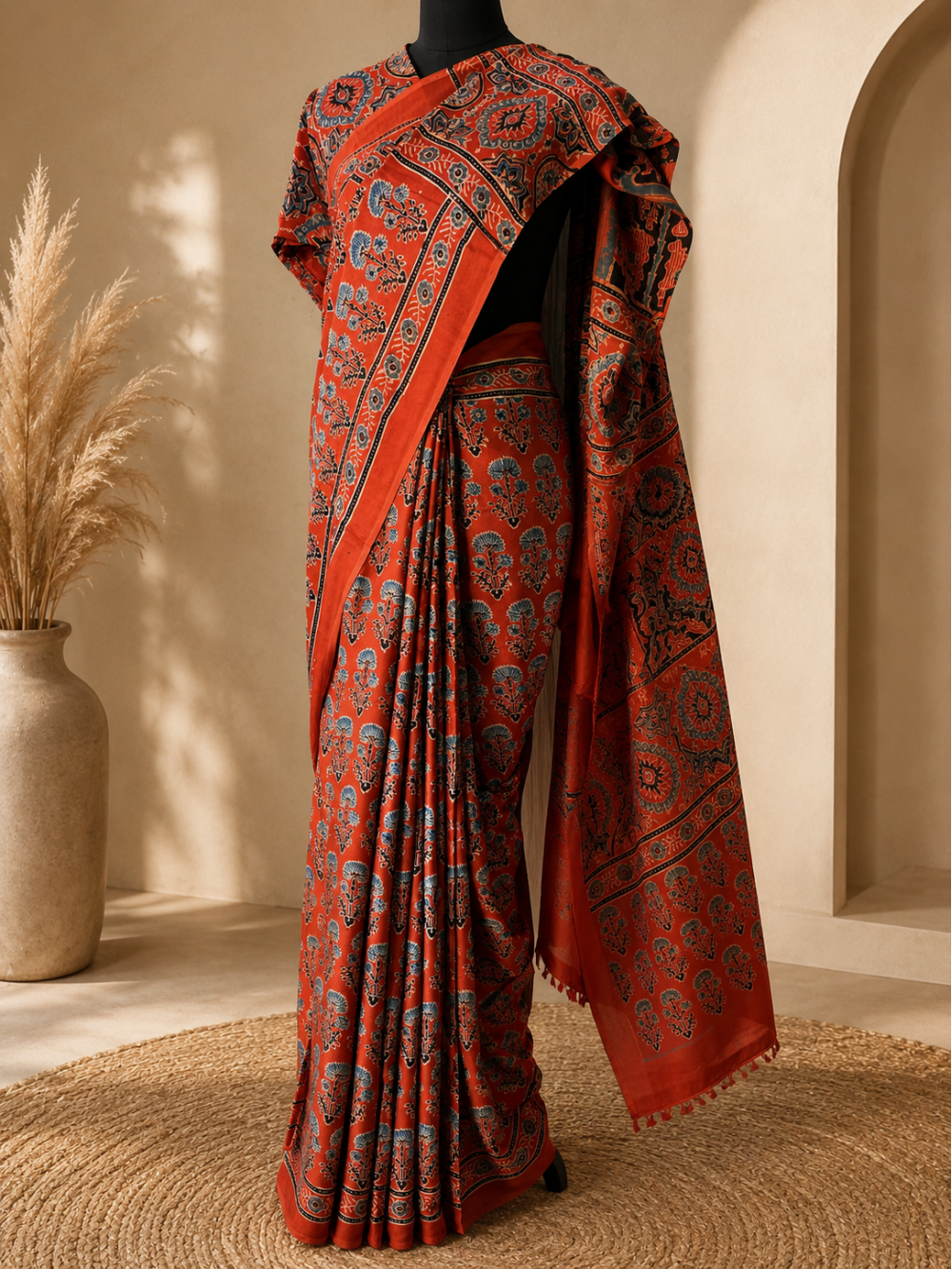 Rust Red Pure Modal Gajji Silk Ajrak Handblock Print Saree