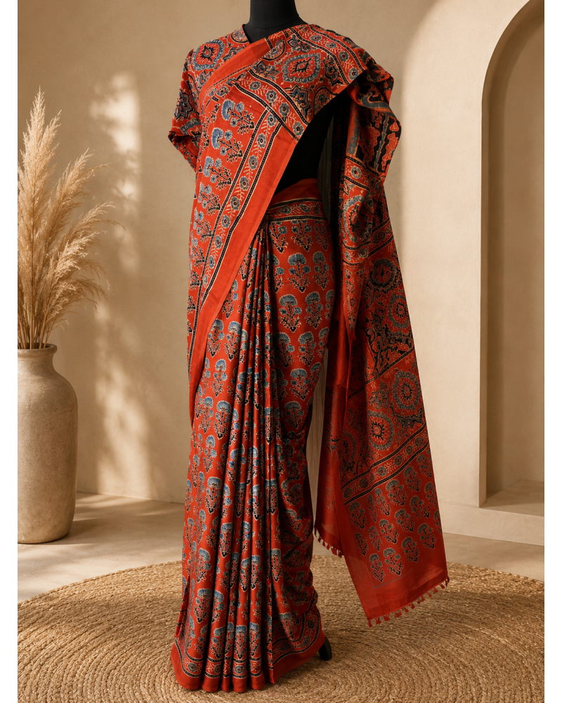 Rust Red Pure Modal Gajji Silk Ajrak Handblock Print Saree