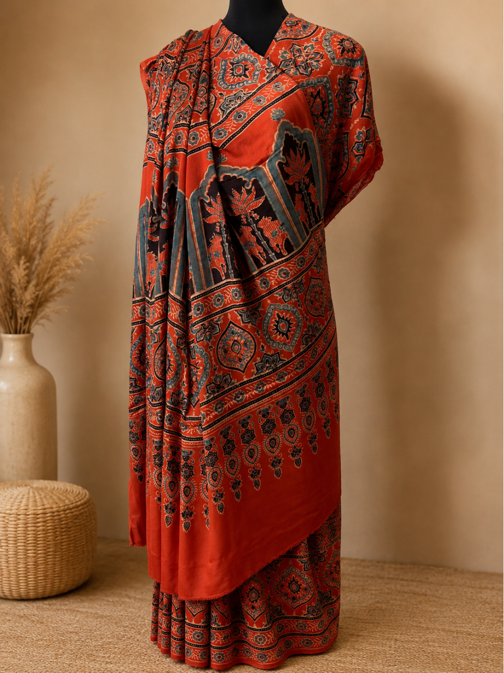 Rust Red Pure Modal Gajji Silk Ajrak Handblock Print Saree
