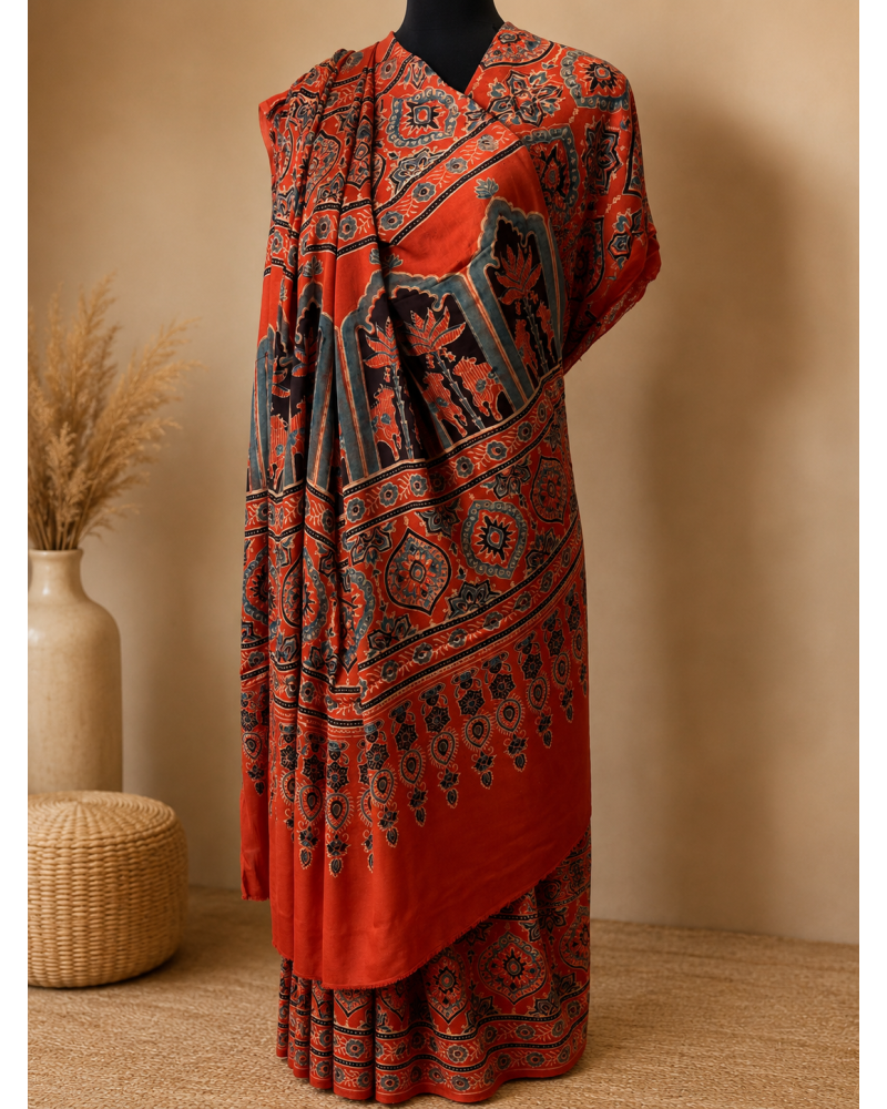 Rust Red Pure Modal Gajji Silk Ajrak Handblock Print Saree