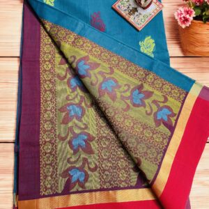 Dhakai Tant Cotton- (Peacock Blue)
