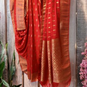 Red Pure Chinon Banarasi Saree with Golden Zari Butta Work